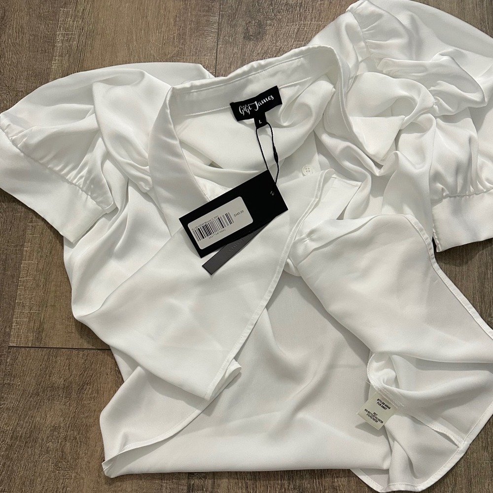 GiGi James Satin Puff Sleeve Button Down Subtle Sheen Blouse Large NWT $345 - Picture 5 of 6